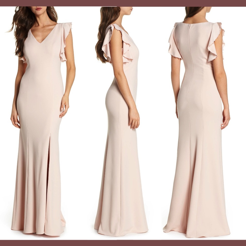 New‎ Adrianna Papell [SZ 8P ] Flutter Sleeve Crepe Trumpet Gown Blush